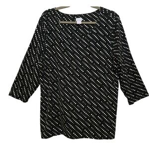 Chic Chicos Black White Diagonal Polka Dot V-Neck 3/4 Sleeve Top Size 3/XL